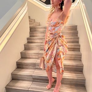 Multi Marble Print Satin Ruched Skirt Corset Detail Midi Dress